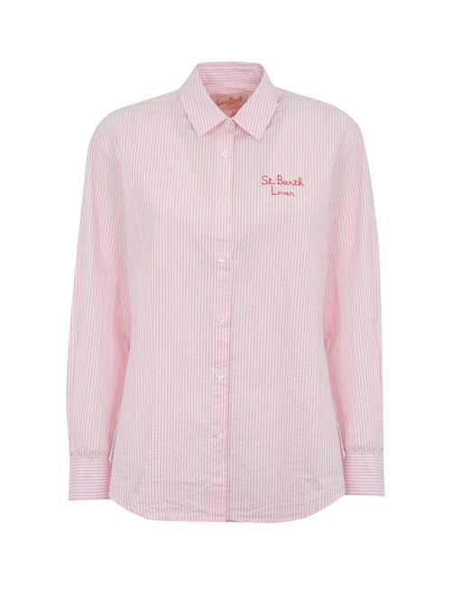 Camicia Brigitte a righe in seersucker con stampa Snoopy Rosa/Bianco Mc2 Saint Barth | BRIGITTE EMBRY04332H SEERSUCKER SNOOPY